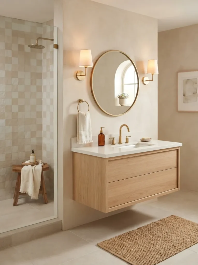 Calm guest bathroom with soft neutral colors and warm inviting atmosphere