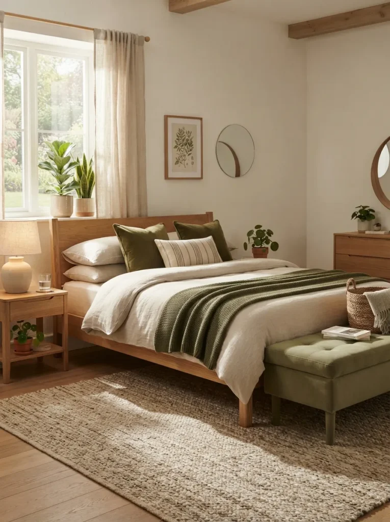 olive green accents cozy earthy bedroom idea modern