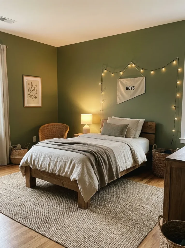 Cozy boys bedroom with olive green walls, wooden bed and warm textured decor