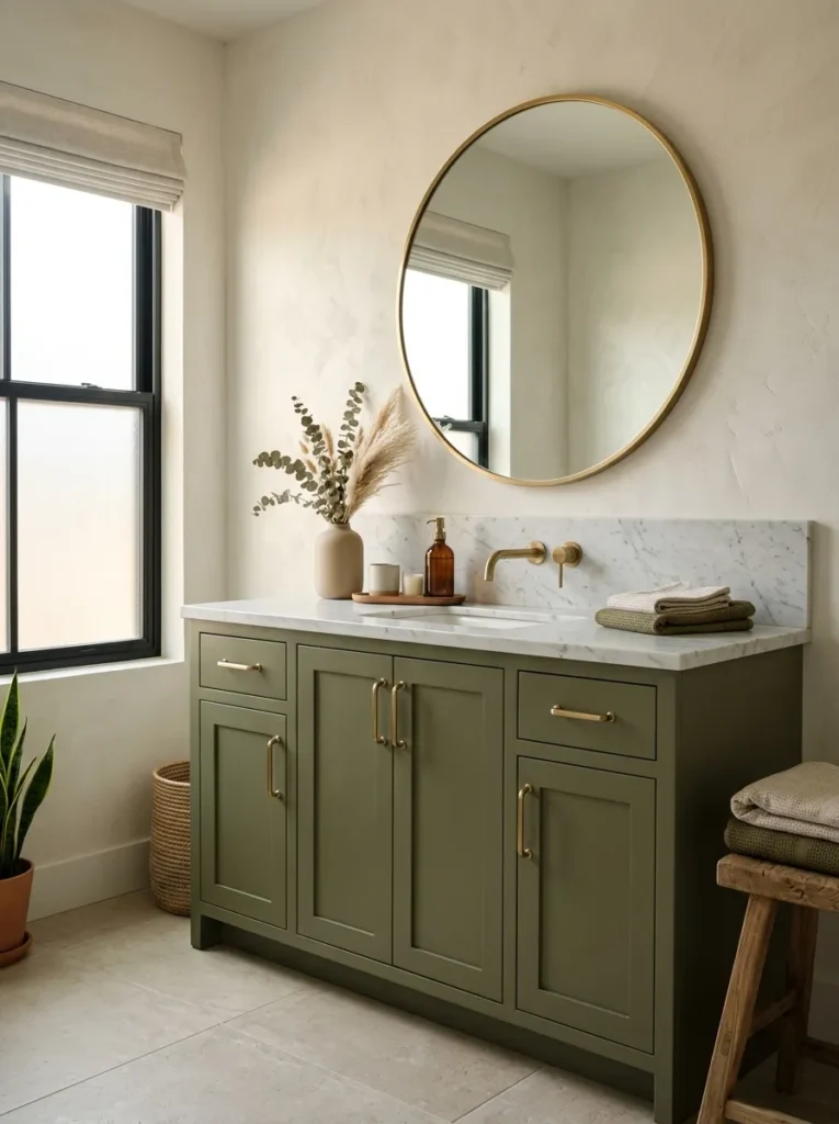 olive green cabinets earth tone bathroom design 2026