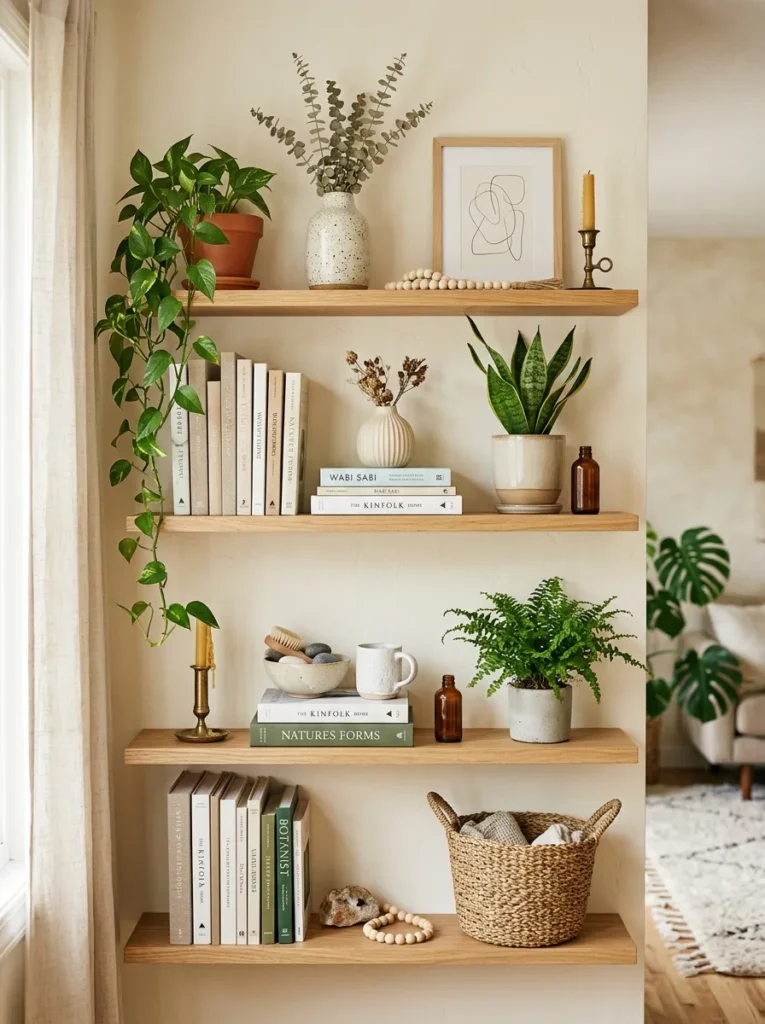 open shelf styling boho living room idea modern