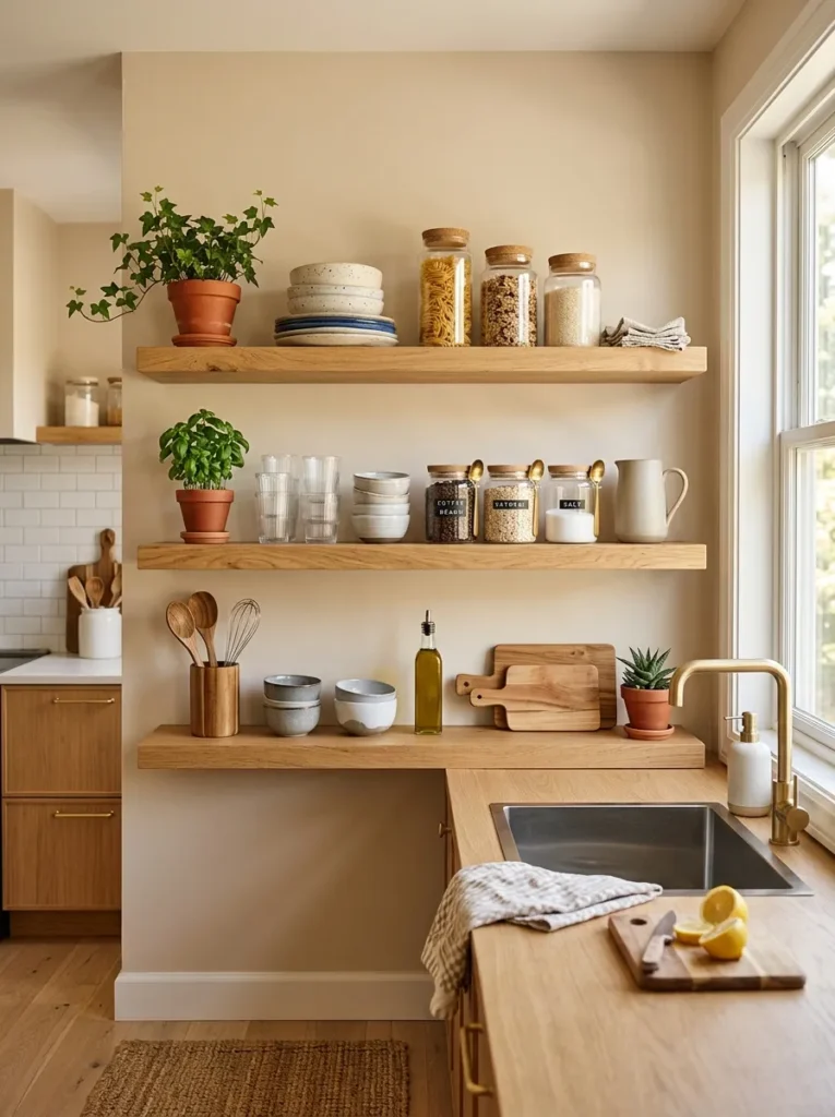 open shelf styling small kitchen idea 2026