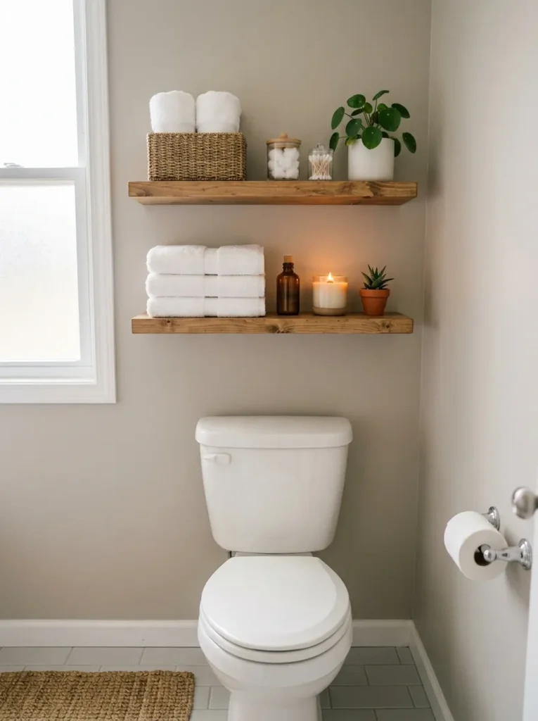 Guest bathroom with open shelves styled with towels, plants, and minimal decor