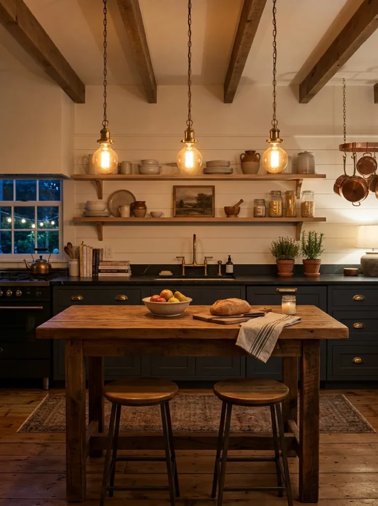 open wooden shelving moody farmhouse kitchen idea modern