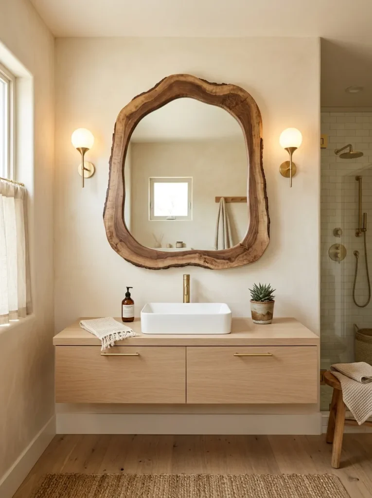 organic mirror frames earth tone bathroom design 2026