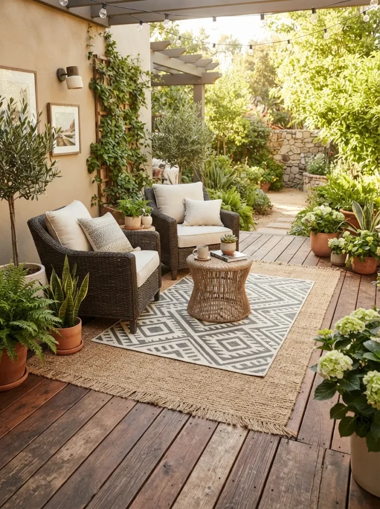 outdoor rug layering summer patio decor idea 2026