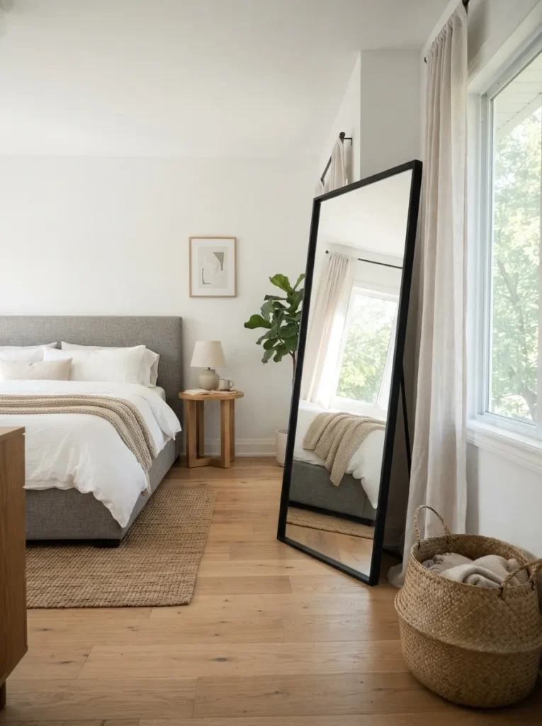 oversized wall mirror gray and white bedroom idea modern