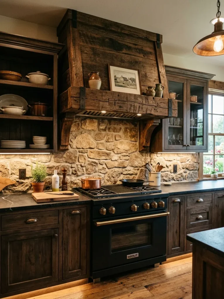 oversized wooden hood moody farmhouse kitchen idea modern