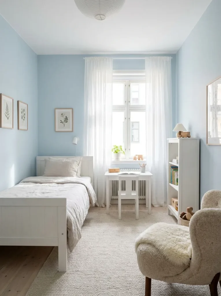 Bright boys bedroom with pastel blue walls, white furniture and soft natural lighting