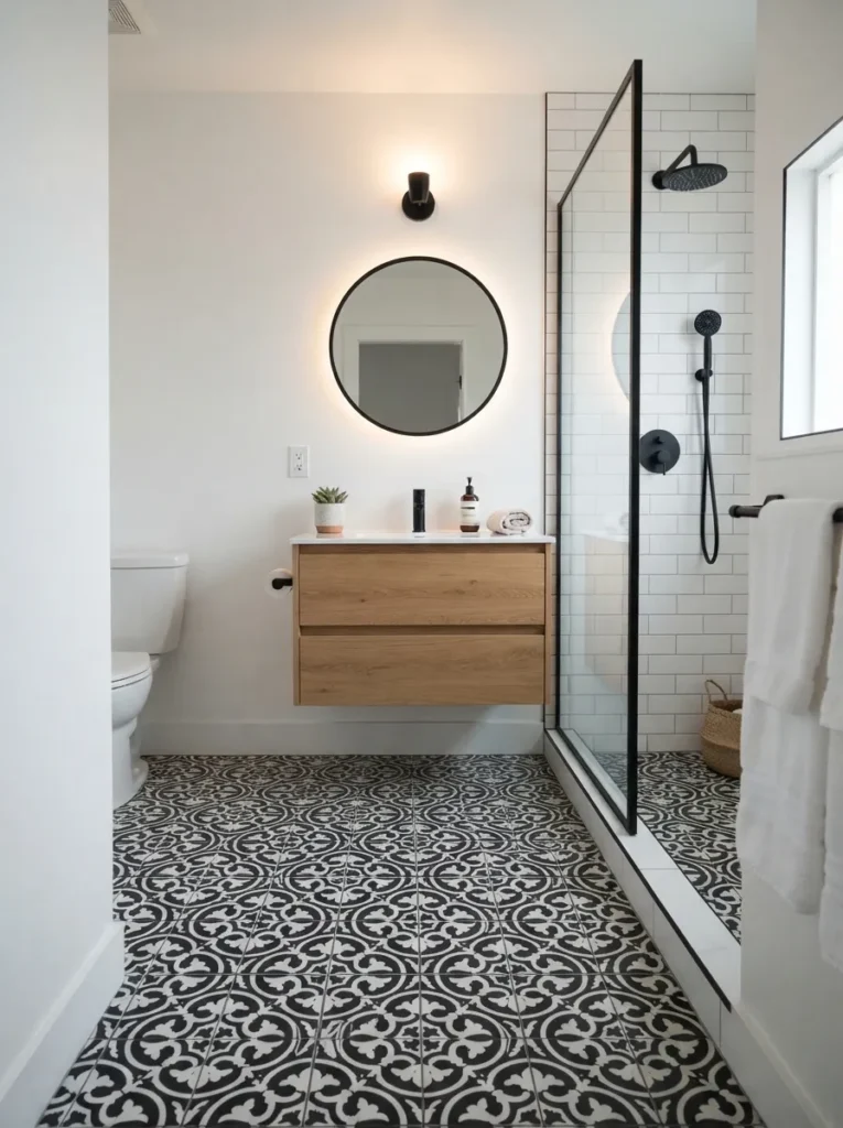 Guest bathroom with bold patterned floor tiles adding visual focal point