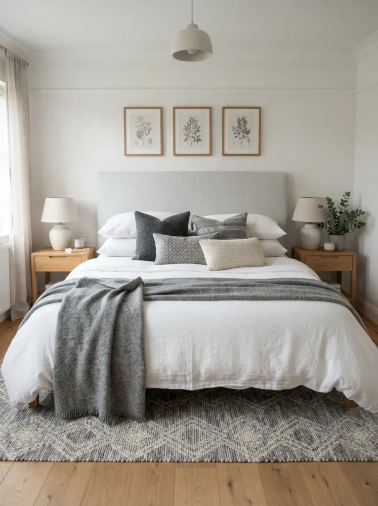 patterned throw pillows gray and white bedroom idea modern