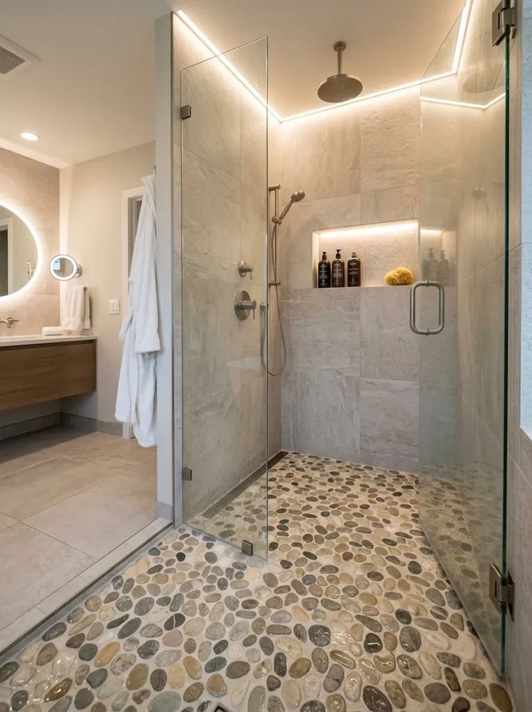pebble shower flooring earth tone bathroom design 2026