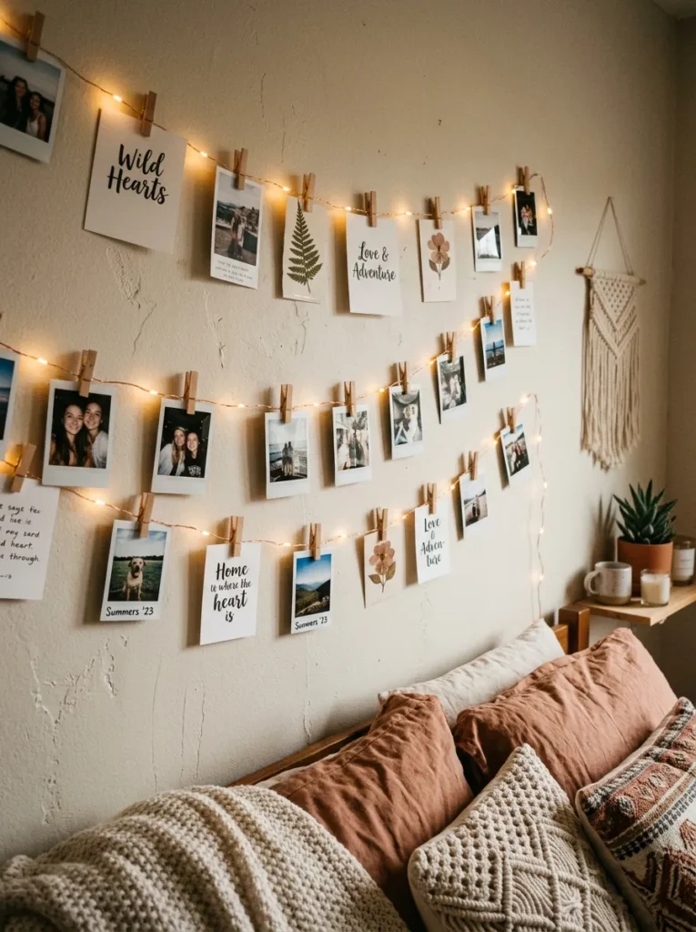 personalized photo clips boho teen bedroom idea 2026