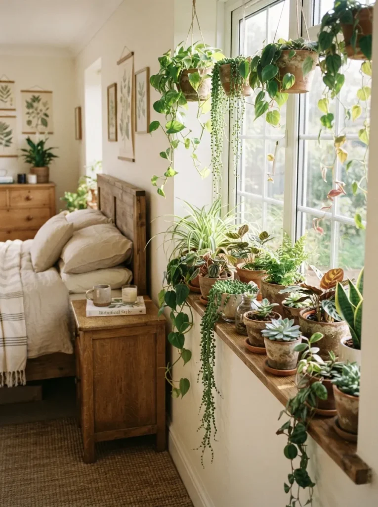 plant filled window ledge bedroom window idea 2026