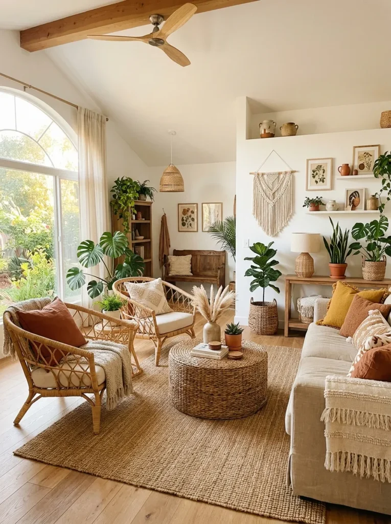 rattan accent furniture boho living room idea modern