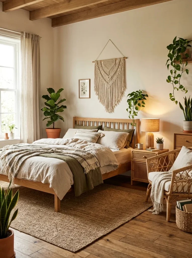 rattan furniture touches cozy earthy bedroom idea 2026