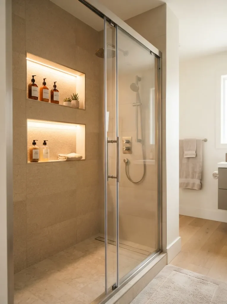 recessed wall niches warm neutral bathroom idea modern
