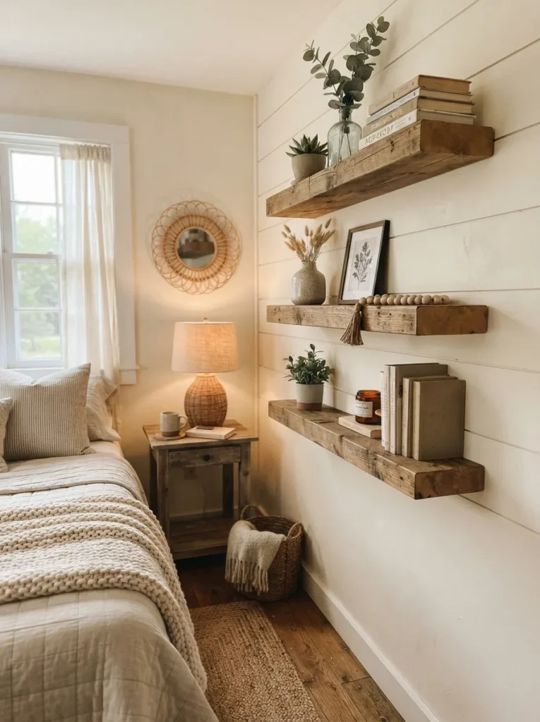 reclaimed wood shelves vintage farmhouse bedroom idea modern