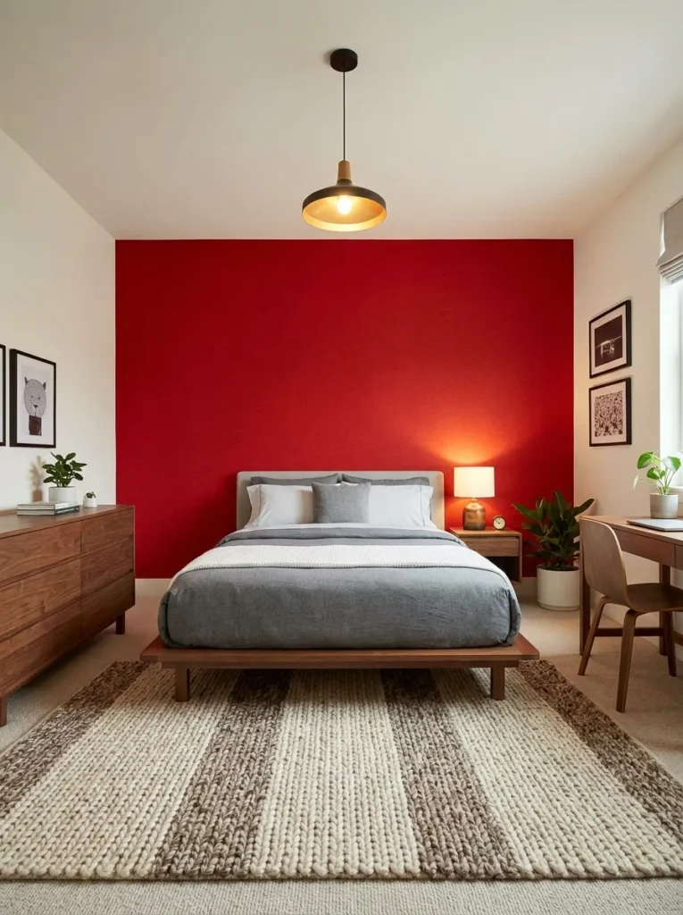 Boys bedroom with bold red accent wall and neutral surroundings creating vibrant focus