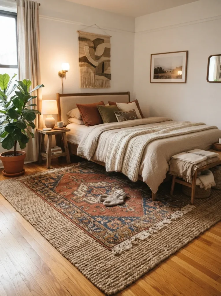 rug layering style apartment bedroom decor idea modern