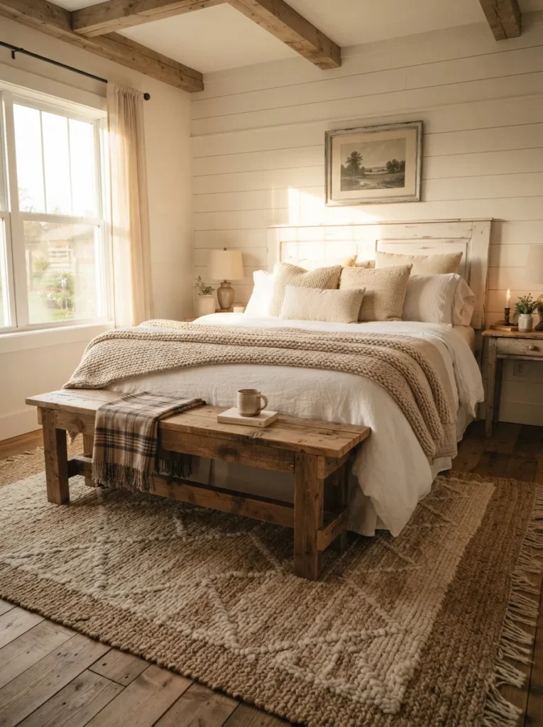 rustic wooden bench vintage farmhouse bedroom idea modern