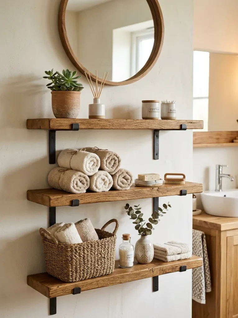 rustic wooden shelves earth tone bathroom design 2026