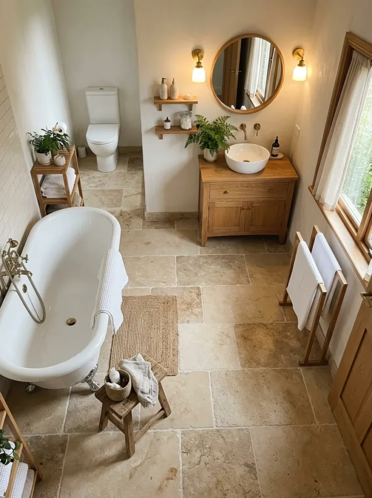 sandstone tile floors earth tone bathroom design 2026