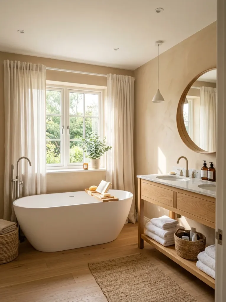 sandy beige walls earth tone bathroom design 2026