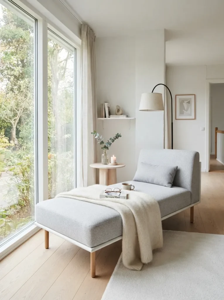 scandinavian simplicity chaise lounge reading nook idea 2026
