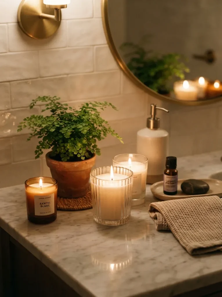 Cozy guest bathroom with scented candles creating relaxing spa-like ambiance