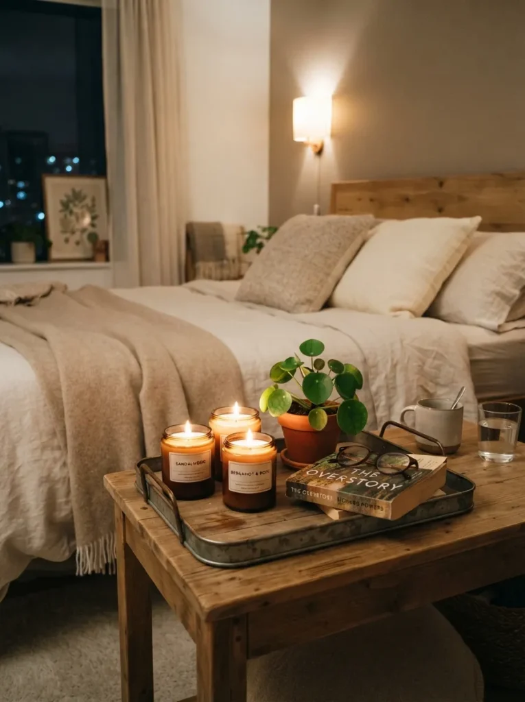 scented candle styling apartment bedroom decor idea 2026