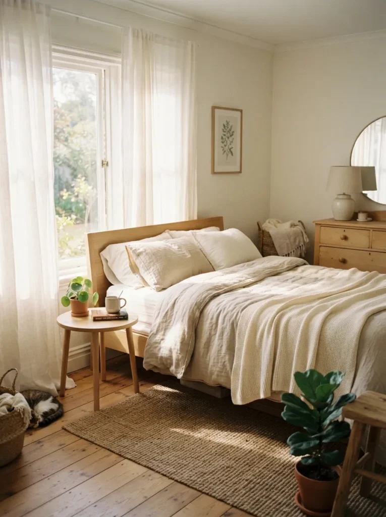 sheer curtain glow apartment bedroom decor idea 2026