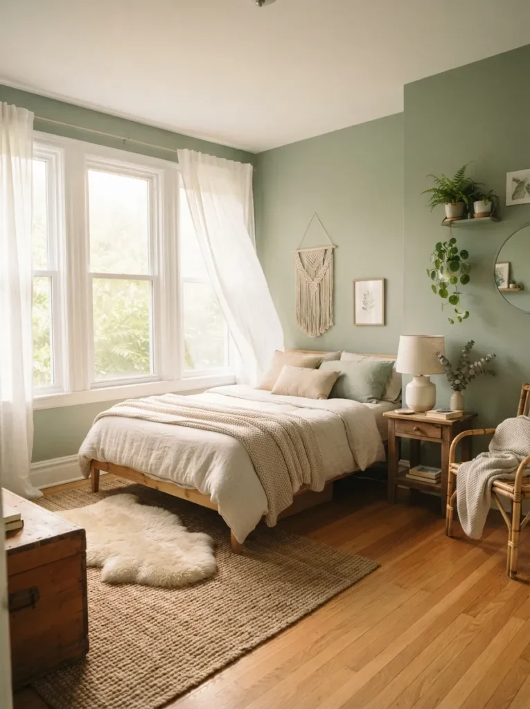 sheer curtain glow sage green bedroom idea 2026
