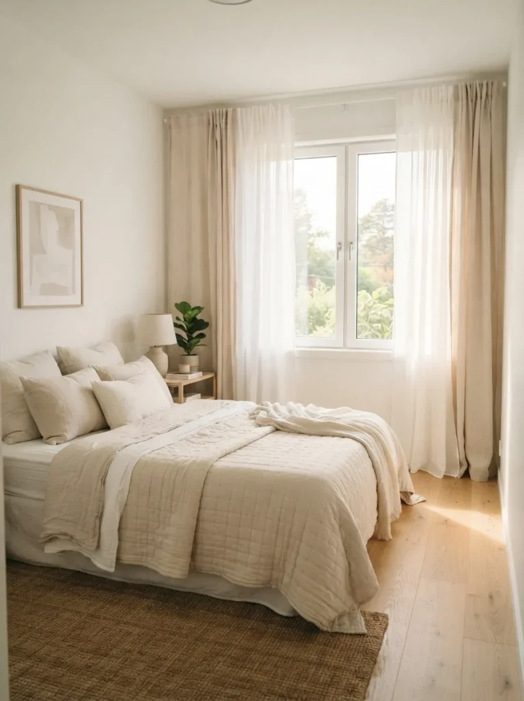sheer curtain layers small bedroom idea spacious 2026