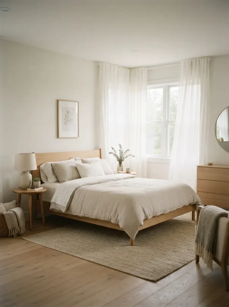 sheer curtain light forest bedroom idea 2026