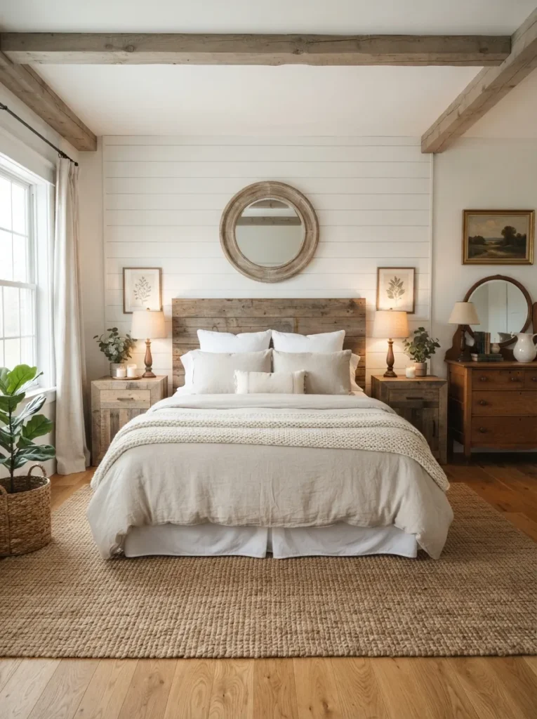 shiplap accent wall vintage farmhouse bedroom idea modern