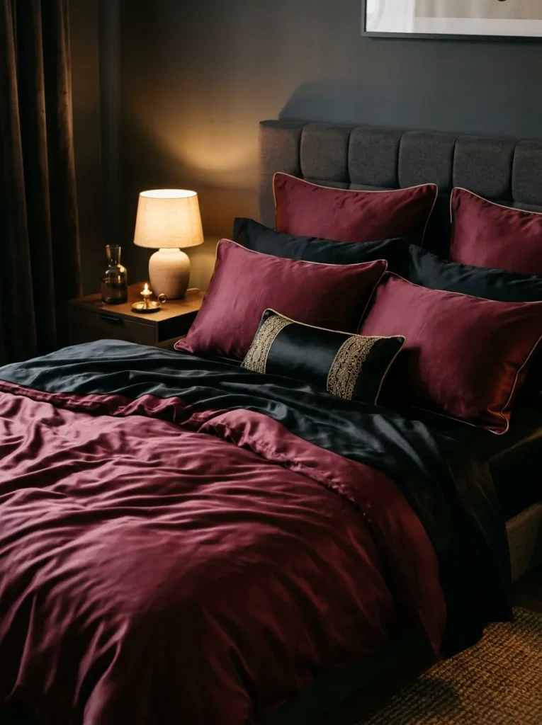 silk bedding layers dark feminine bedroom idea 2026