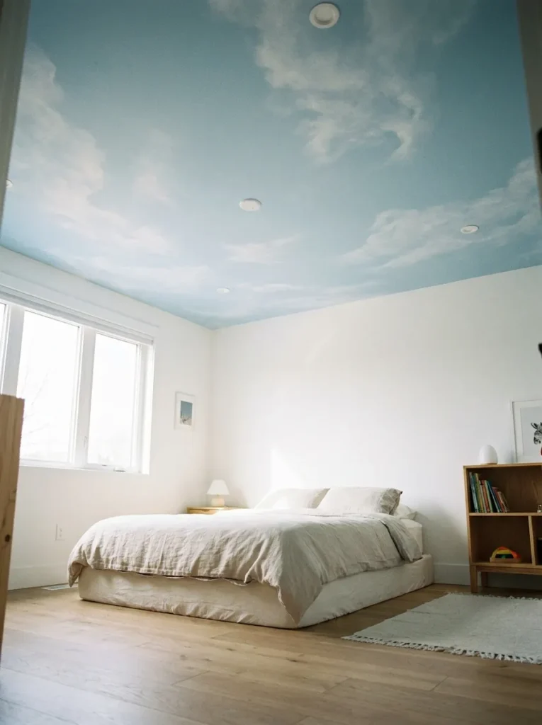 Boys bedroom with sky blue painted ceiling, white walls and airy bright natural light