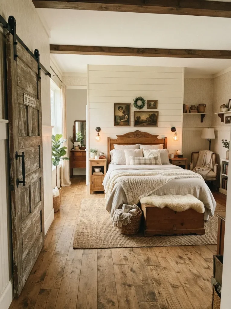 sliding barn door vintage farmhouse bedroom idea 2026