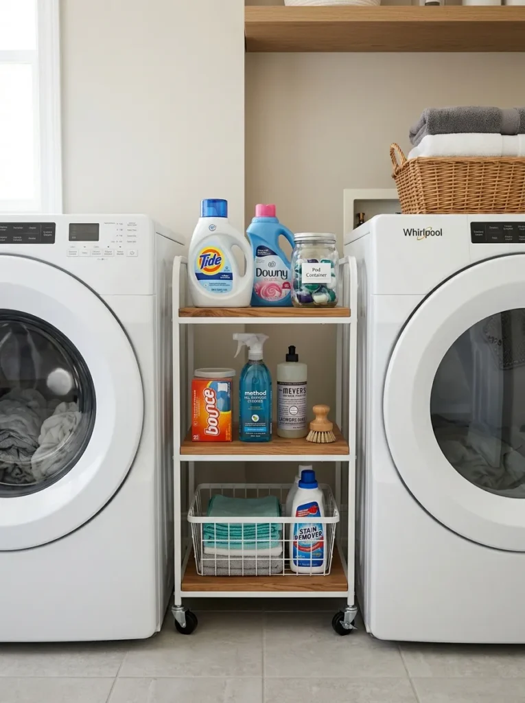 slim rolling cart laundry room design idea 2026