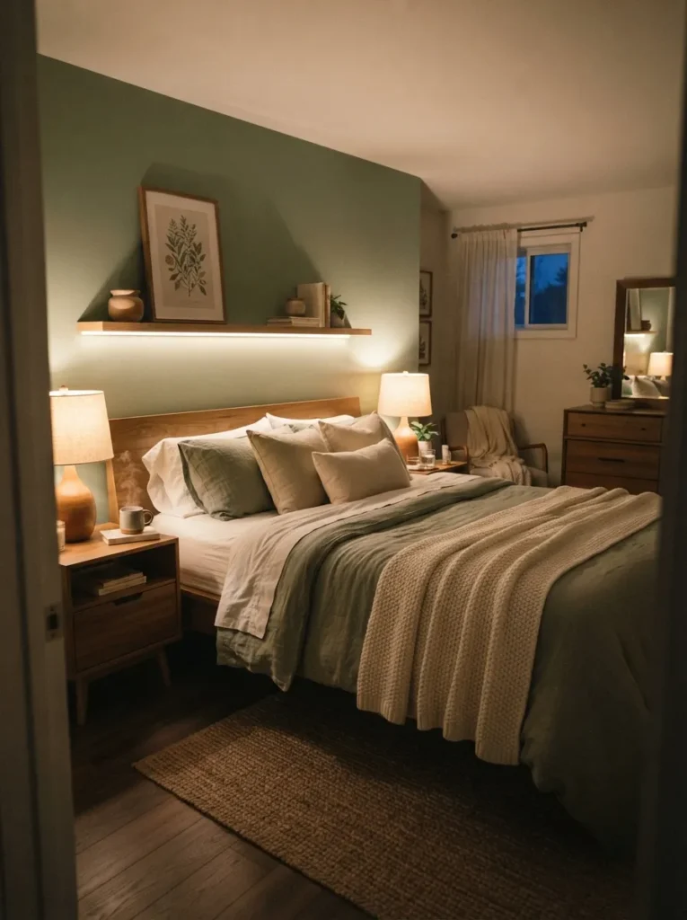 soft ambient lighting sage green bedroom idea modern