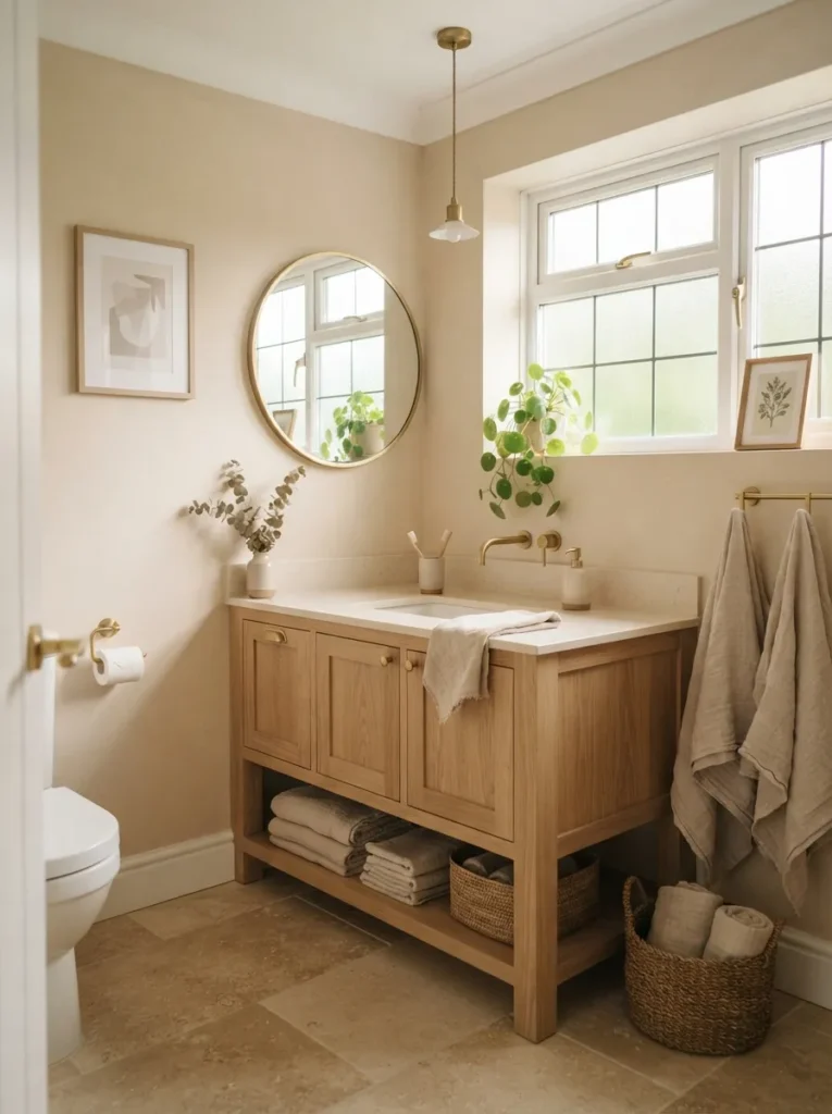 soft beige walls warm neutral bathroom idea 2026