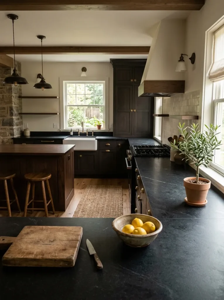soft candle lighting moody farmhouse kitchen idea modern