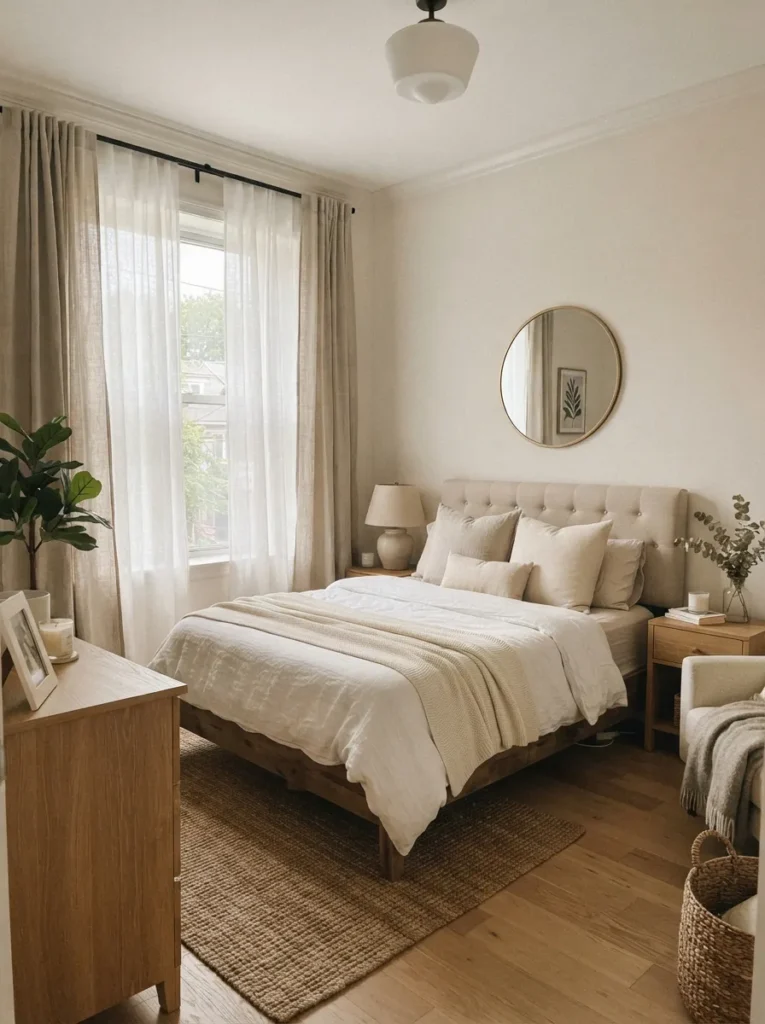 soft curtain layers apartment bedroom decor idea 2026