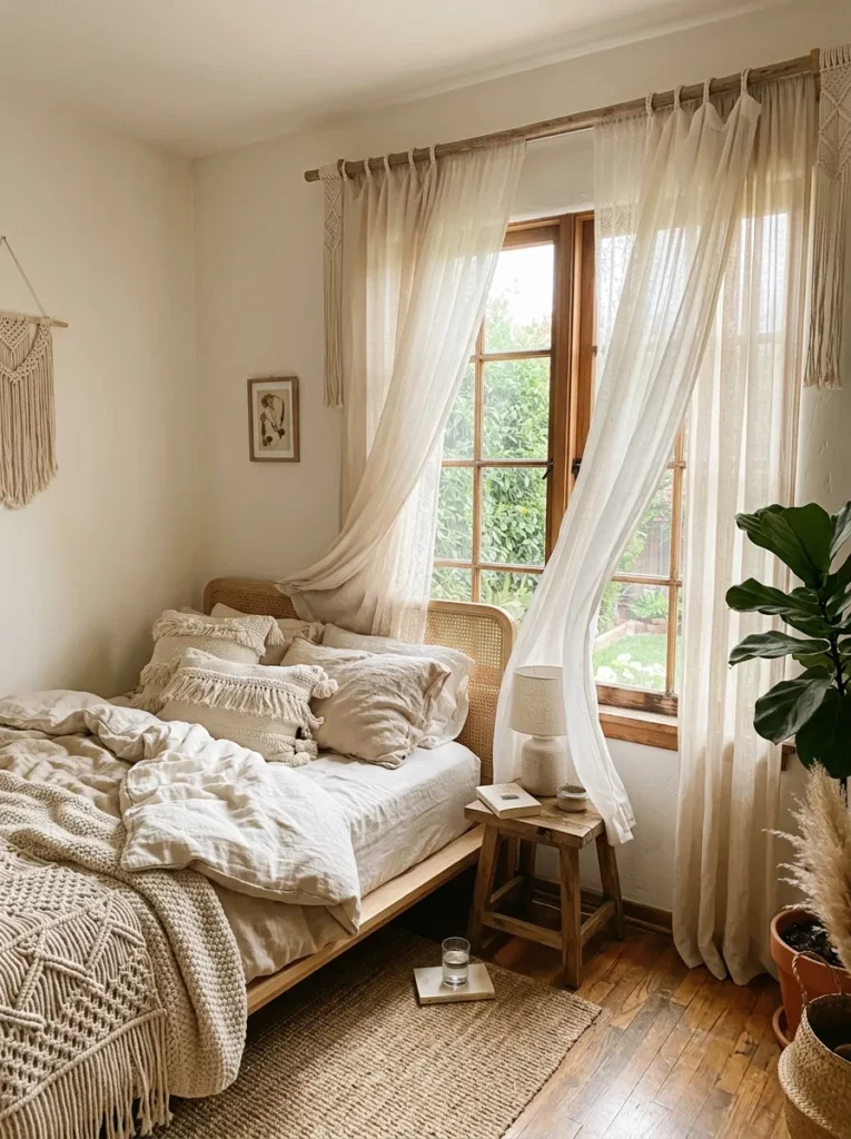 soft curtain layers boho teen bedroom idea 2026