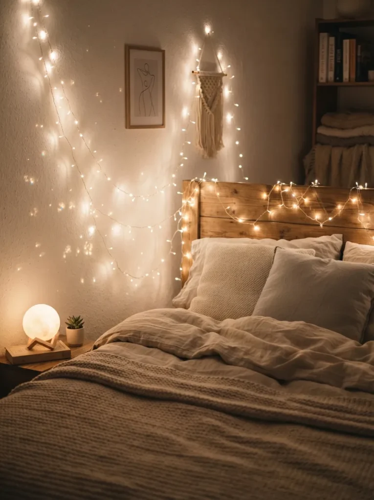 soft fairy light glow boho teen bedroom idea 2026