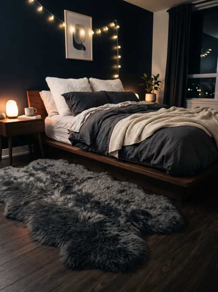 soft faux fur rugs dark feminine bedroom idea 2026