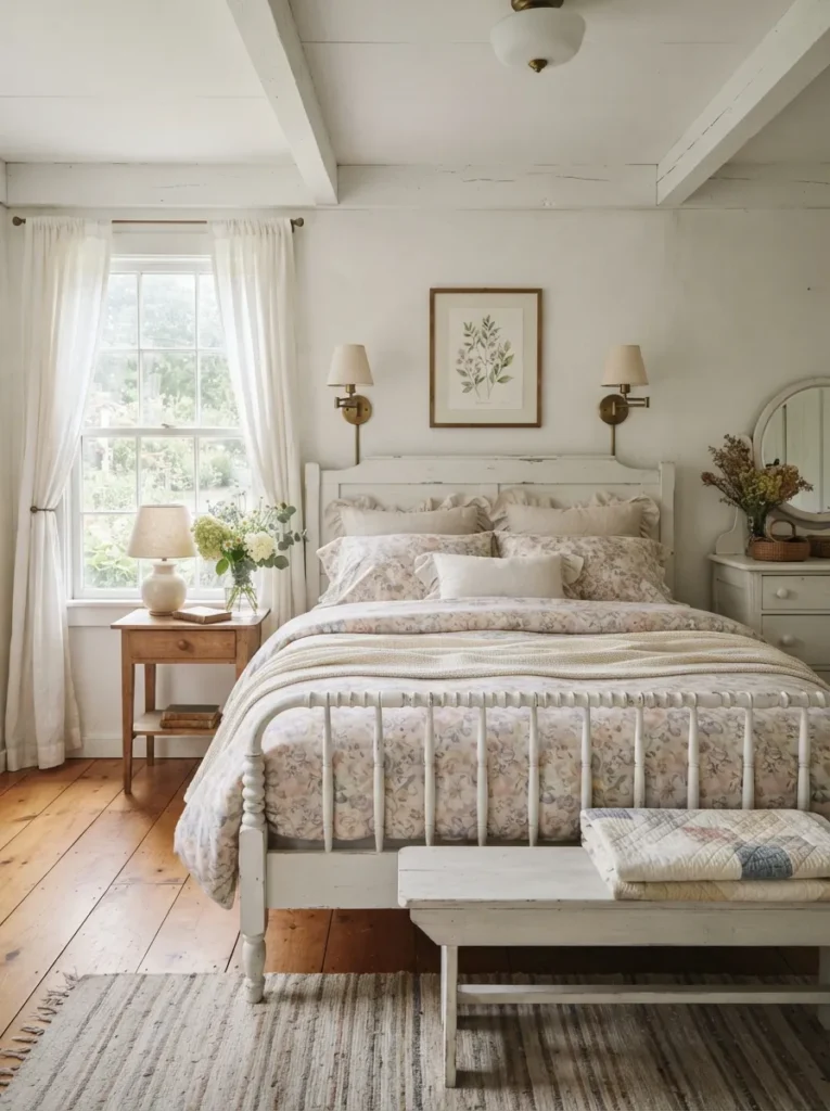 soft floral bedding vintage farmhouse bedroom idea 2026