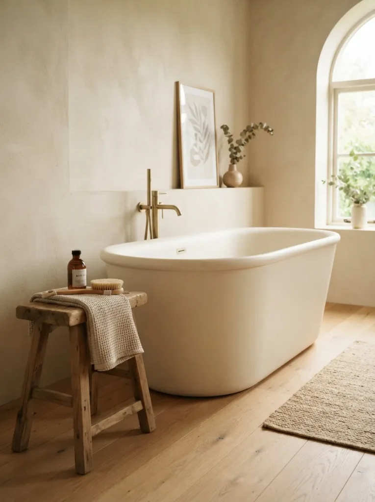 soft ivory bathtub warm neutral bathroom idea 2026