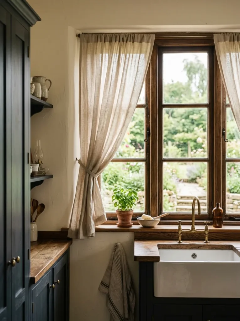 soft linen curtains moody farmhouse kitchen idea modern